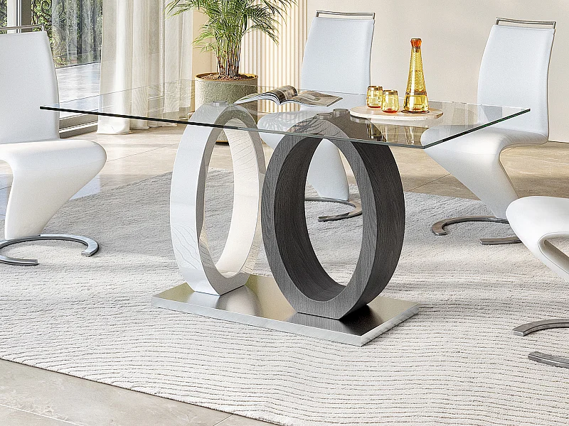 Mesa de comedor AYANE - Cristal templado y MDF - Gris y Blanco