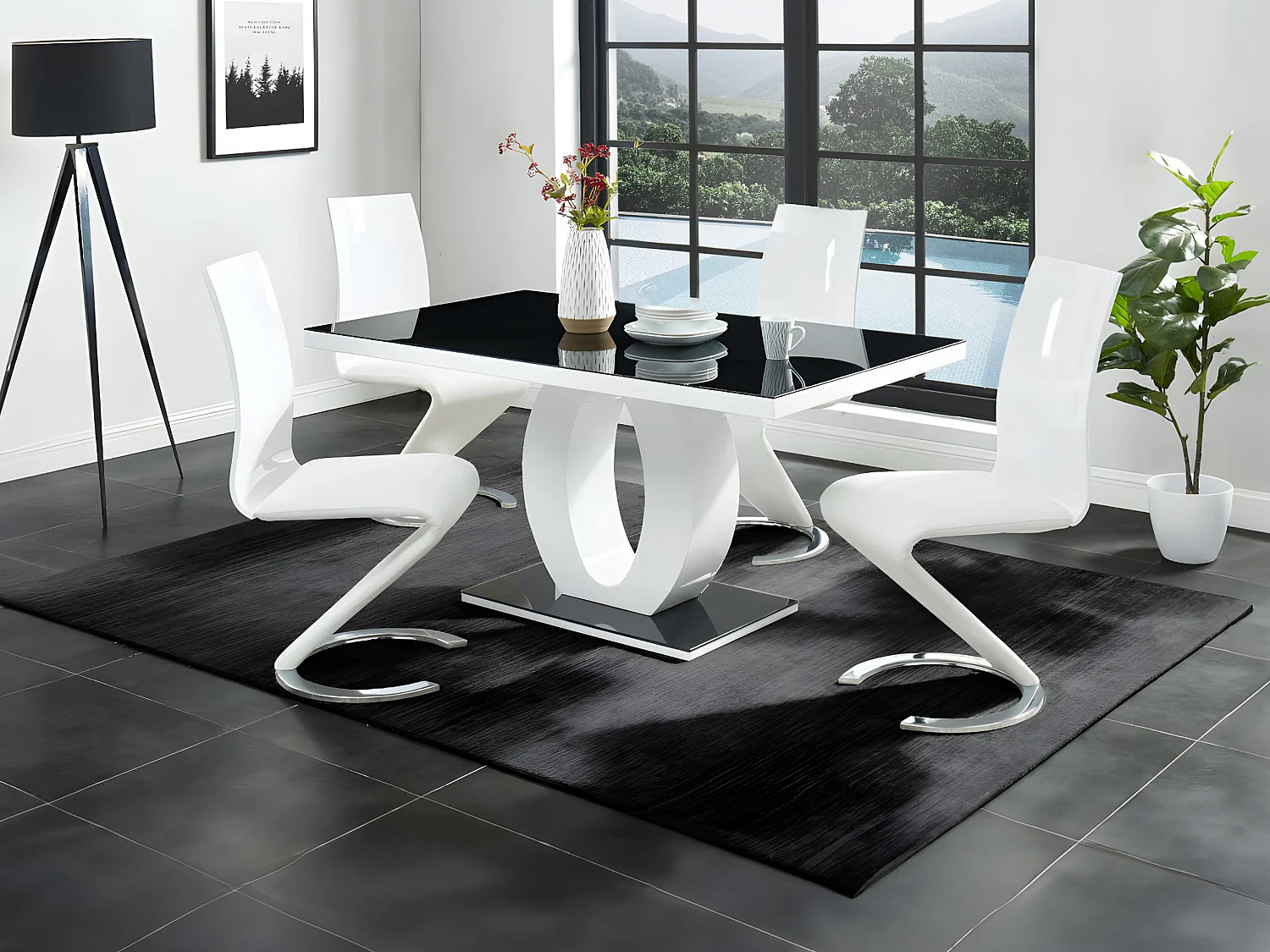 Table à manger TWIST - 6 personnes - MDF laqué & Verre trempé - Noir & Blanc