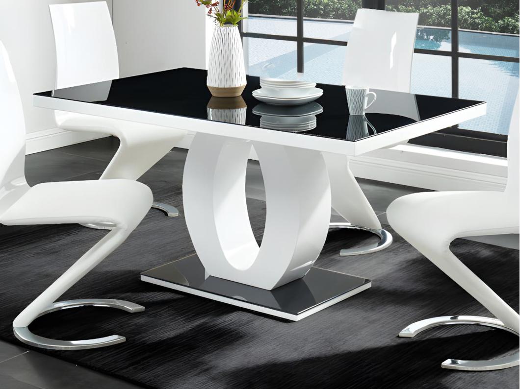 Mesa de comedor TWIST - 6 comensales - MDF lacado y cristal templado - Negro y blanco