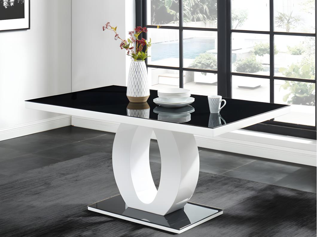 Table à manger TWIST - 6 personnes - MDF laqué & Verre trempé - Noir & Blanc