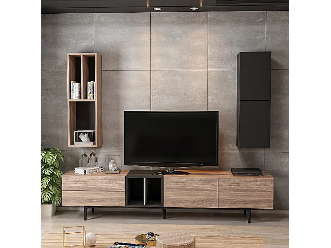 Meuble Tv Diany - Noir, Bois - 195x37x45 cm - Homemania