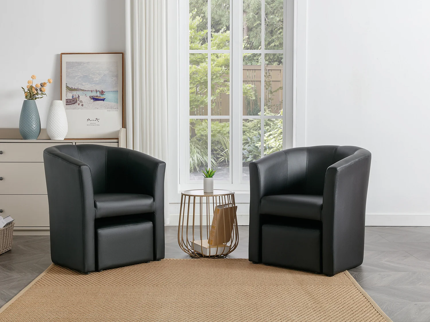 Fauteuil cabriolet et pouf en simili noir JOVANA