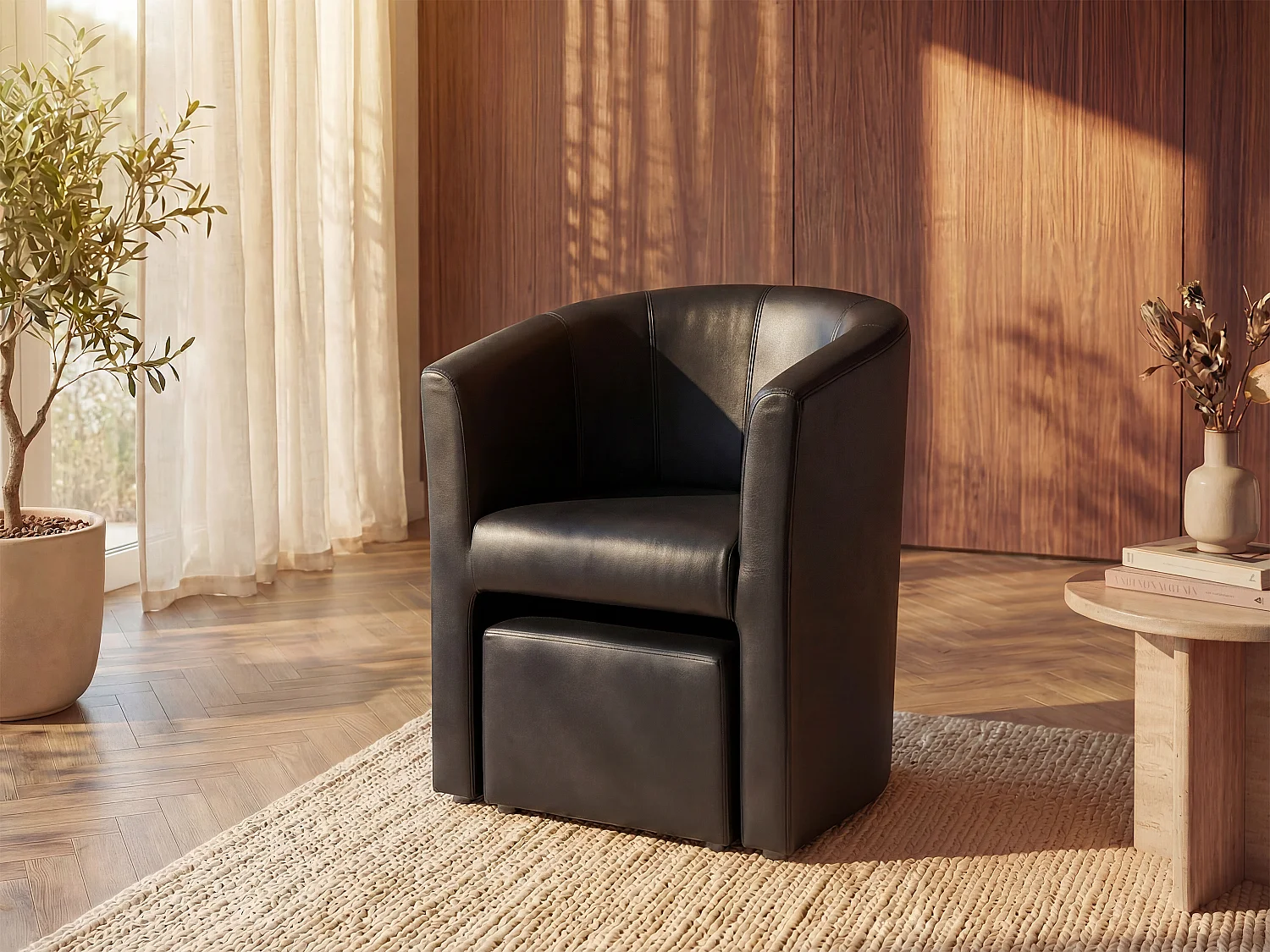 Fauteuil cabriolet et pouf en simili noir JOVANA