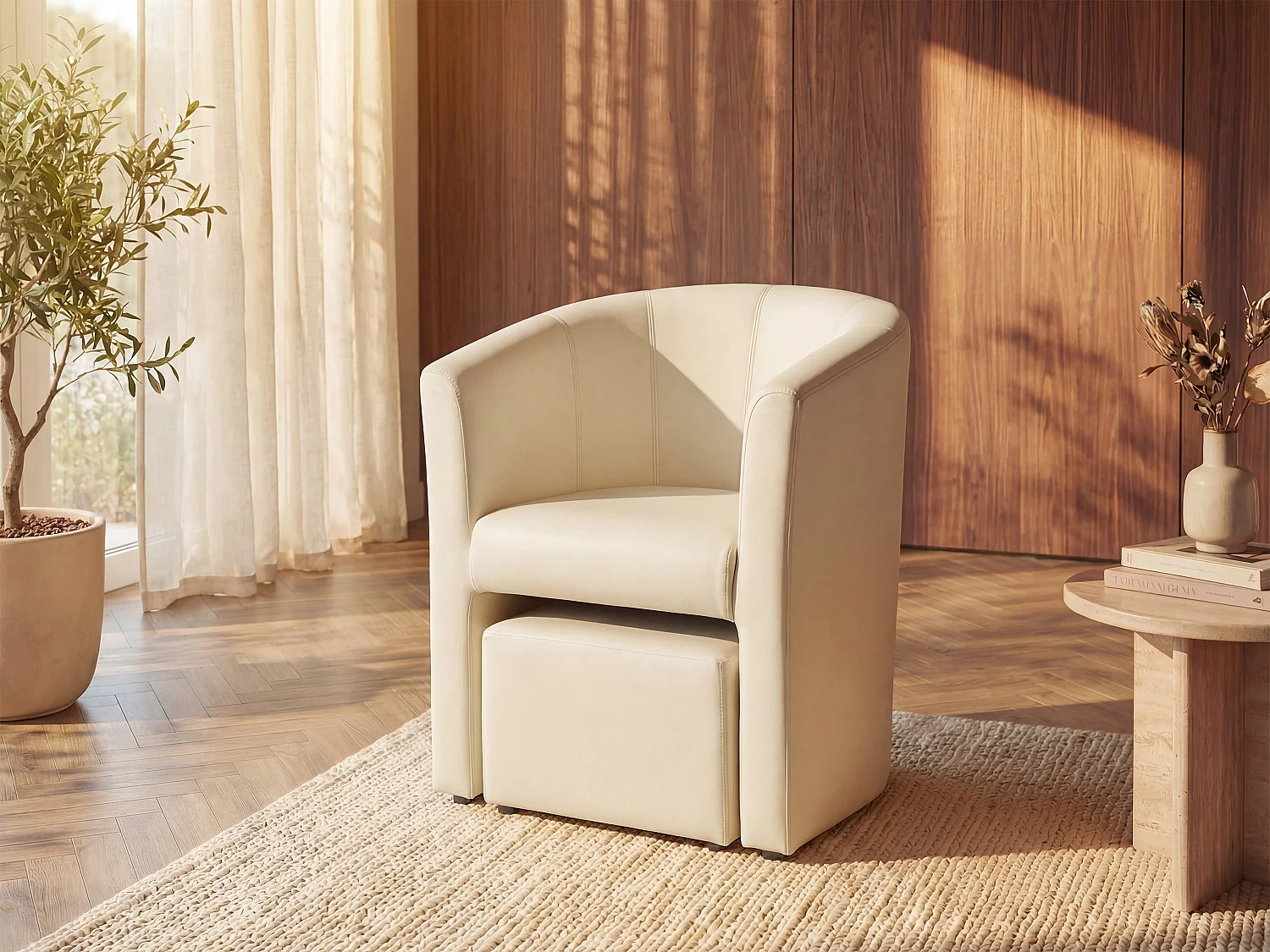Poltrona cabriolet e pouf in Similpelle Beige - JOVANA