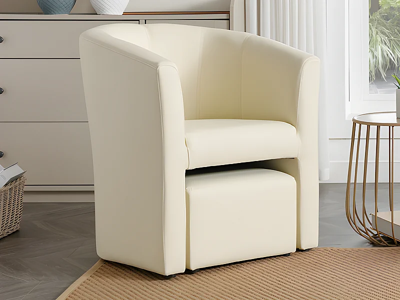Fauteuil cabriolet et pouf en simili beige JOVANA