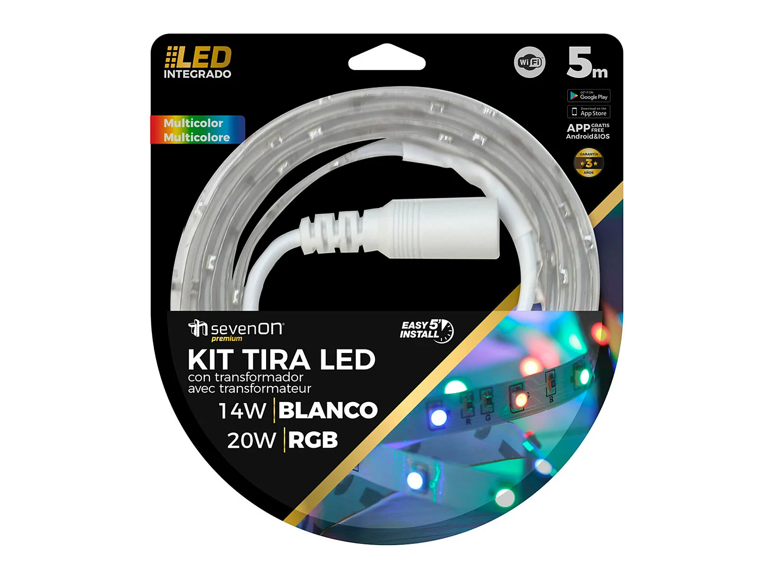 Tira LED WIFI RGB 5m 20W Regulable vía Mando a Distancia/APP 15000H 7hSevenOn Premium