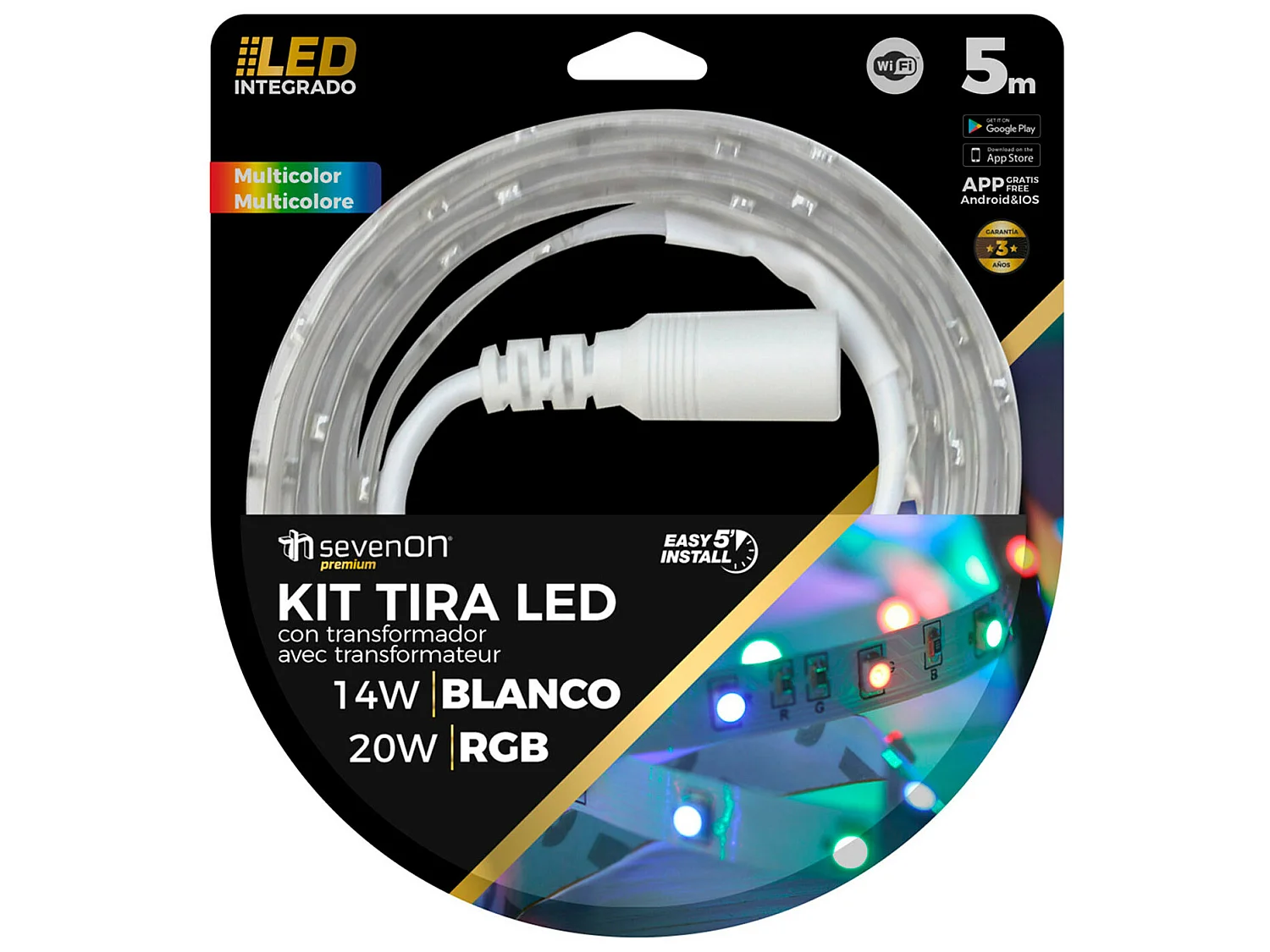 Tira LED WIFI RGB 5m 20W Regulable vía Mando a Distancia/APP 15000H 7hSevenOn Premium