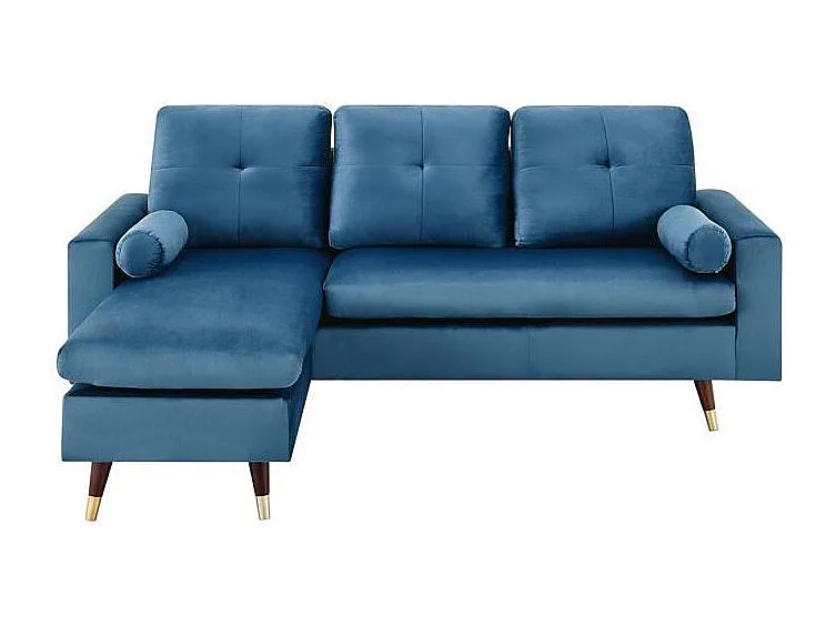 Canapé d'angle fixe réversible - 3 places - Tissu bleu - Pieds bois et doré - NEW YORK