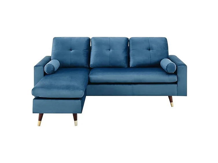 Sofá esquinero reversible de 3 plazas en tela azul con patas de madera y doradas - NUEVA YORK