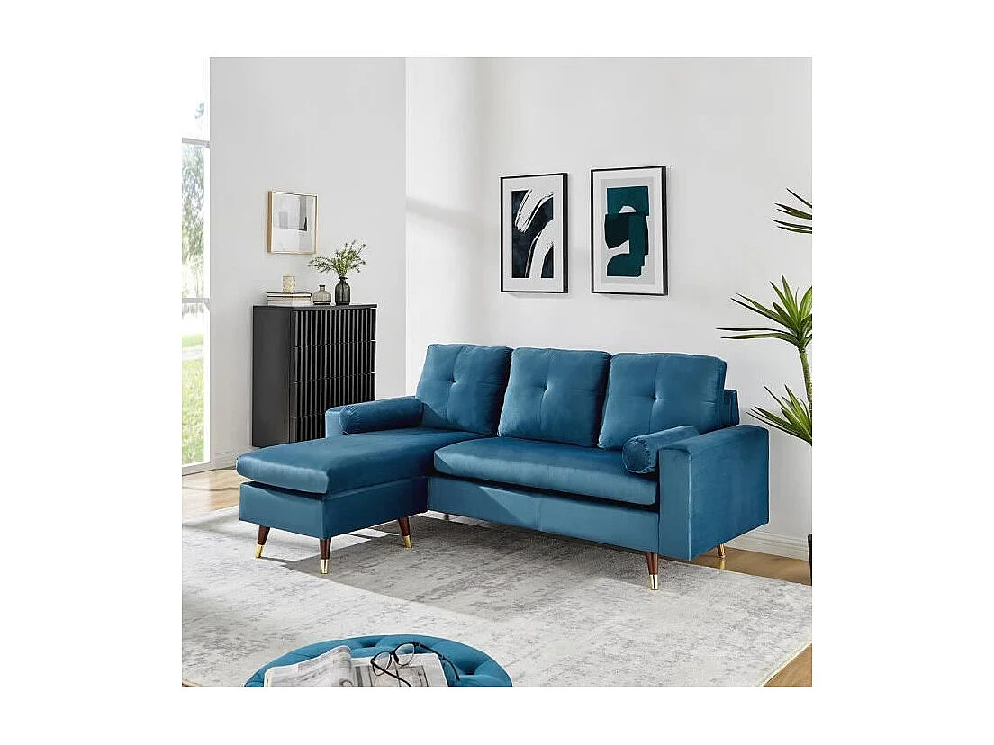 Sofá esquinero reversible de 3 plazas en tela azul con patas de madera y doradas - NUEVA YORK