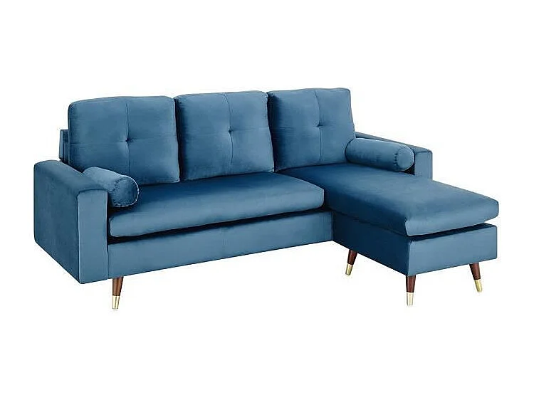 Sofá esquinero reversible de 3 plazas en tela azul con patas de madera y doradas - NUEVA YORK