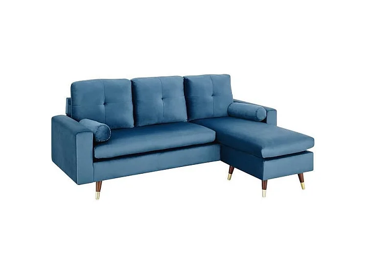Canapé d'angle fixe réversible - 3 places - Tissu bleu - Pieds bois et doré - NEW YORK