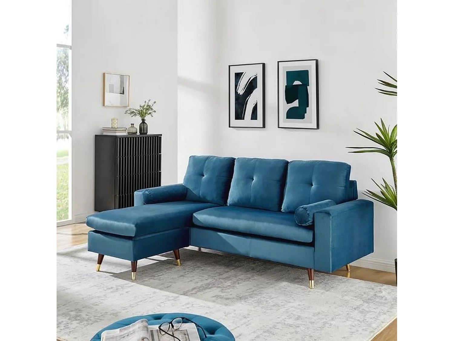 Hoekbank met 3 zitplaatsen van blauwe stof met houten en gouden poten - NEW YORK