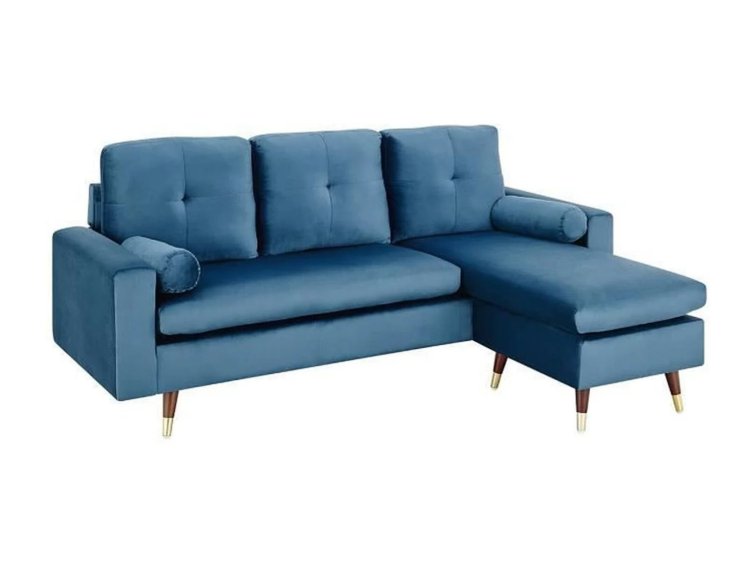 Hoekbank met 3 zitplaatsen van blauwe stof met houten en gouden poten - NEW YORK