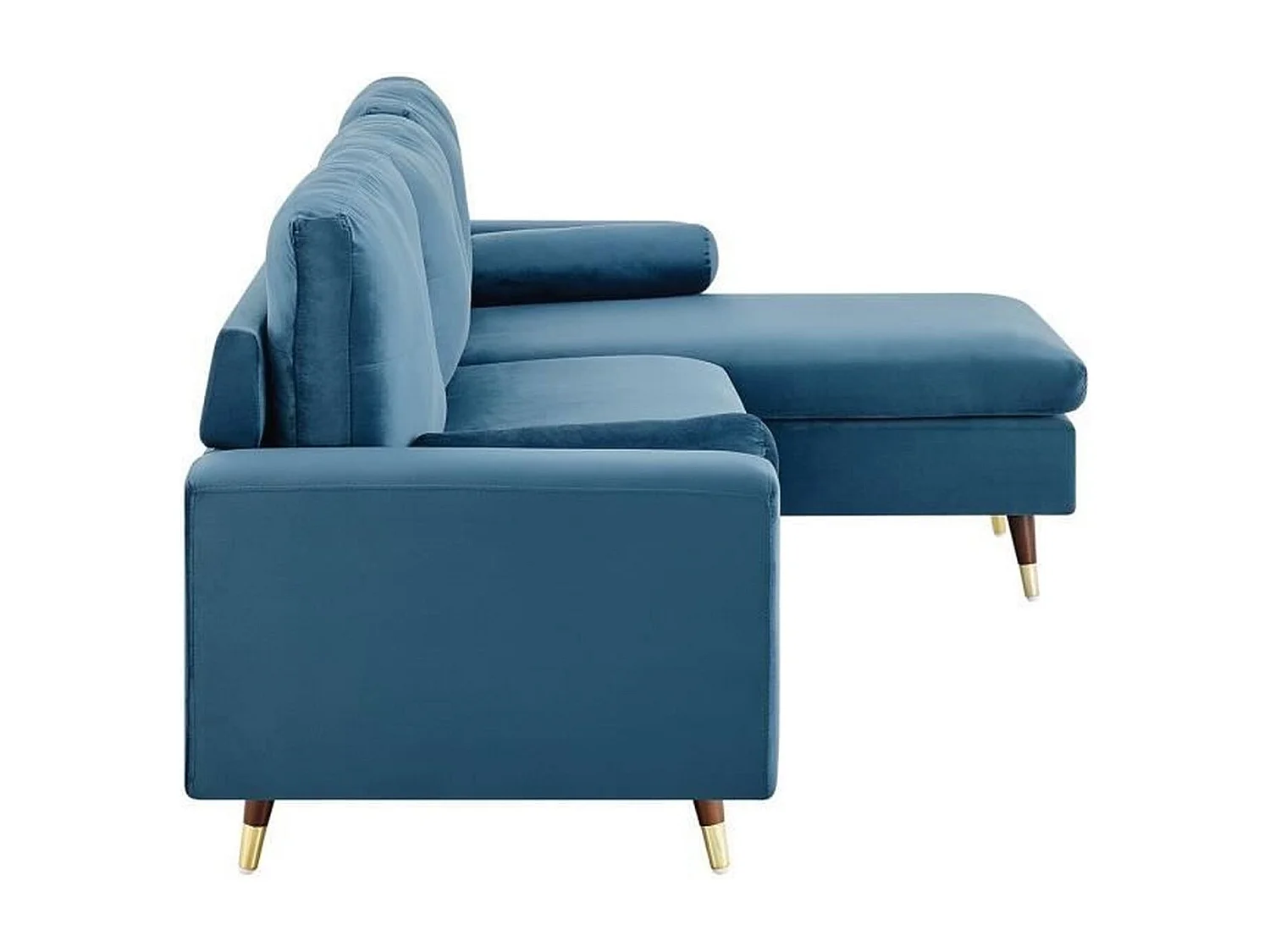 Hoekbank met 3 zitplaatsen van blauwe stof met houten en gouden poten - NEW YORK