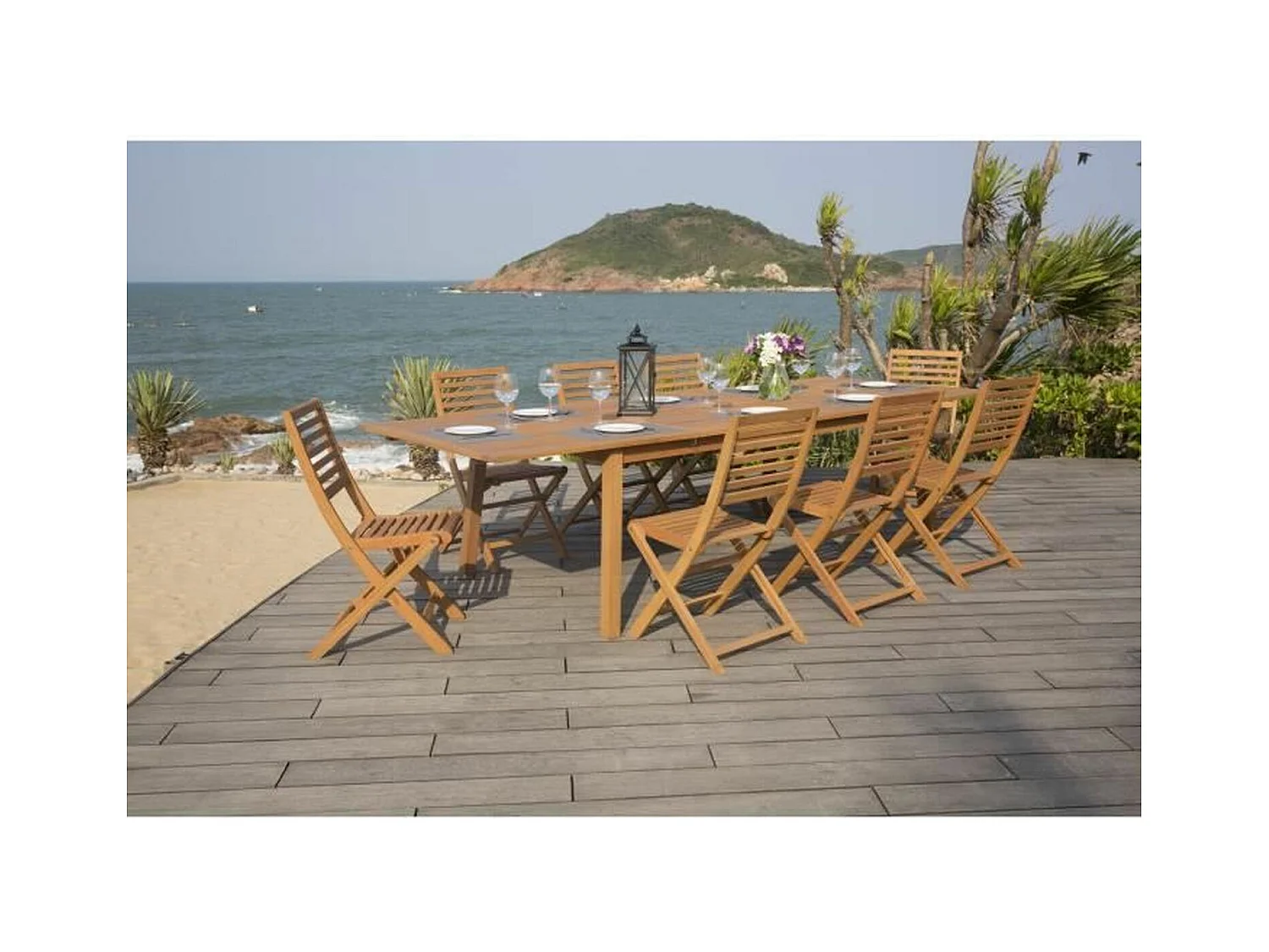 Conjunto de comedor de jardín para 8 a 12 personas - Mesa extensible 200/250/300 x 100 cm + 8 sillas - Madera de eucalipto