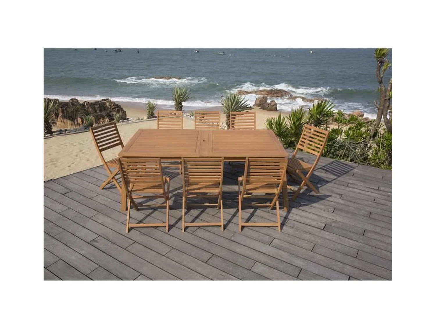 Conjunto de comedor de jardín para 8 a 12 personas - Mesa extensible 200/250/300 x 100 cm + 8 sillas - Madera de eucalipto