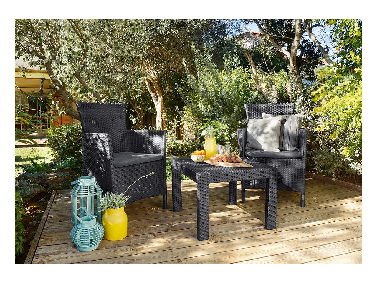 Allibert 219992 Conjunto de salón Rosario Balcón 2 x silla y 1 x mesa, aspecto ratán, plástico, grafito