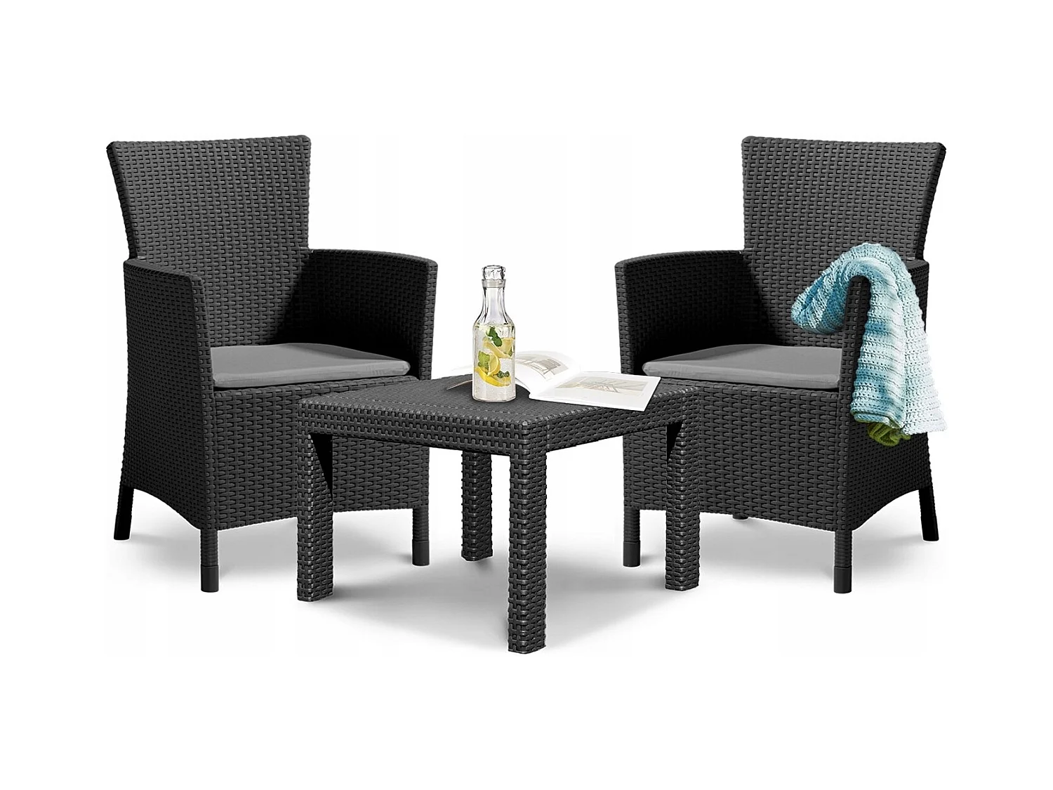 Allibert 219992 Conjunto de salón Rosario Balcón 2 x silla y 1 x mesa, aspecto ratán, plástico, grafito