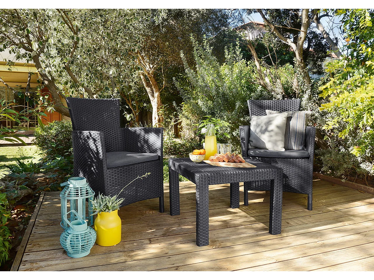 Allibert 219992 Loungeset Rosario Balcony 2 x stoel en 1 x tafel, rotanlook, kunststof, grafiet