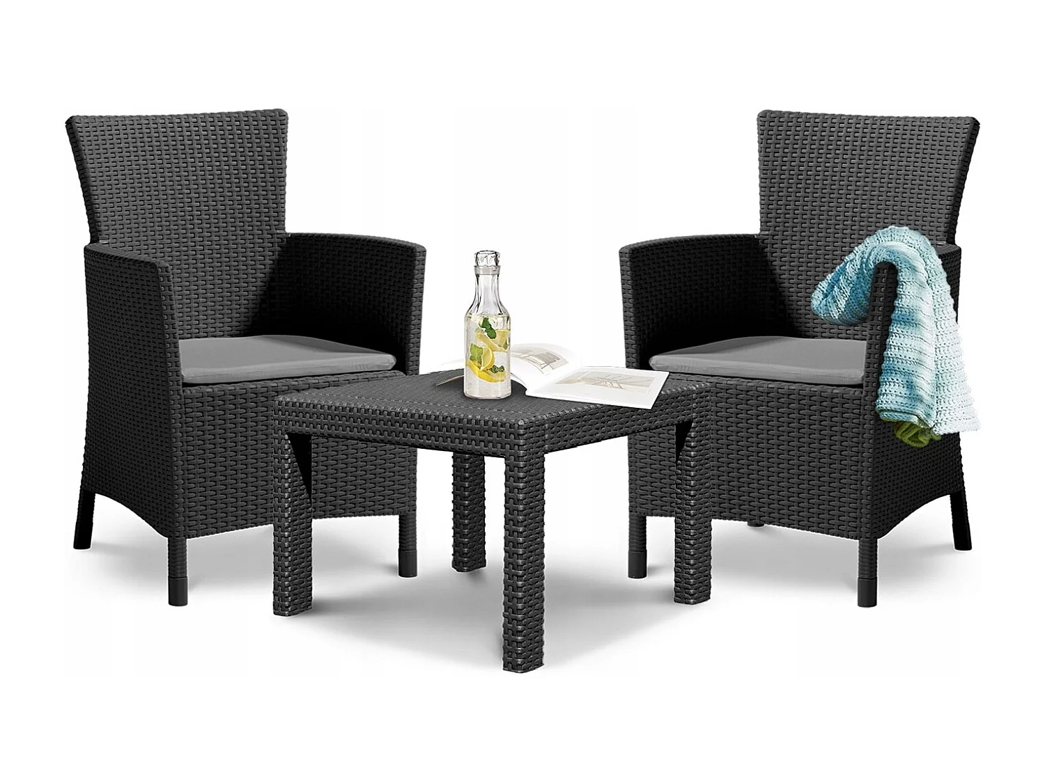 Allibert 219992 Loungeset Rosario Balcony 2 x stoel en 1 x tafel, rotanlook, kunststof, grafiet