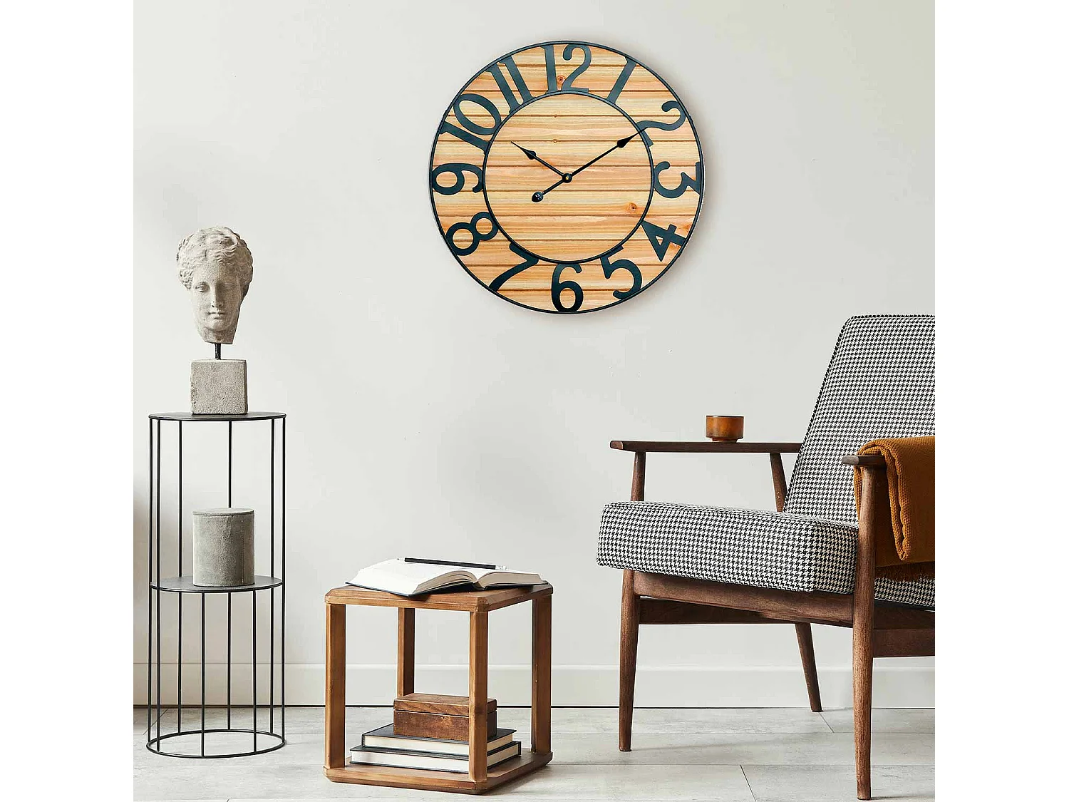 Horloge murale vintage noir/bois clair Ø60cm O91