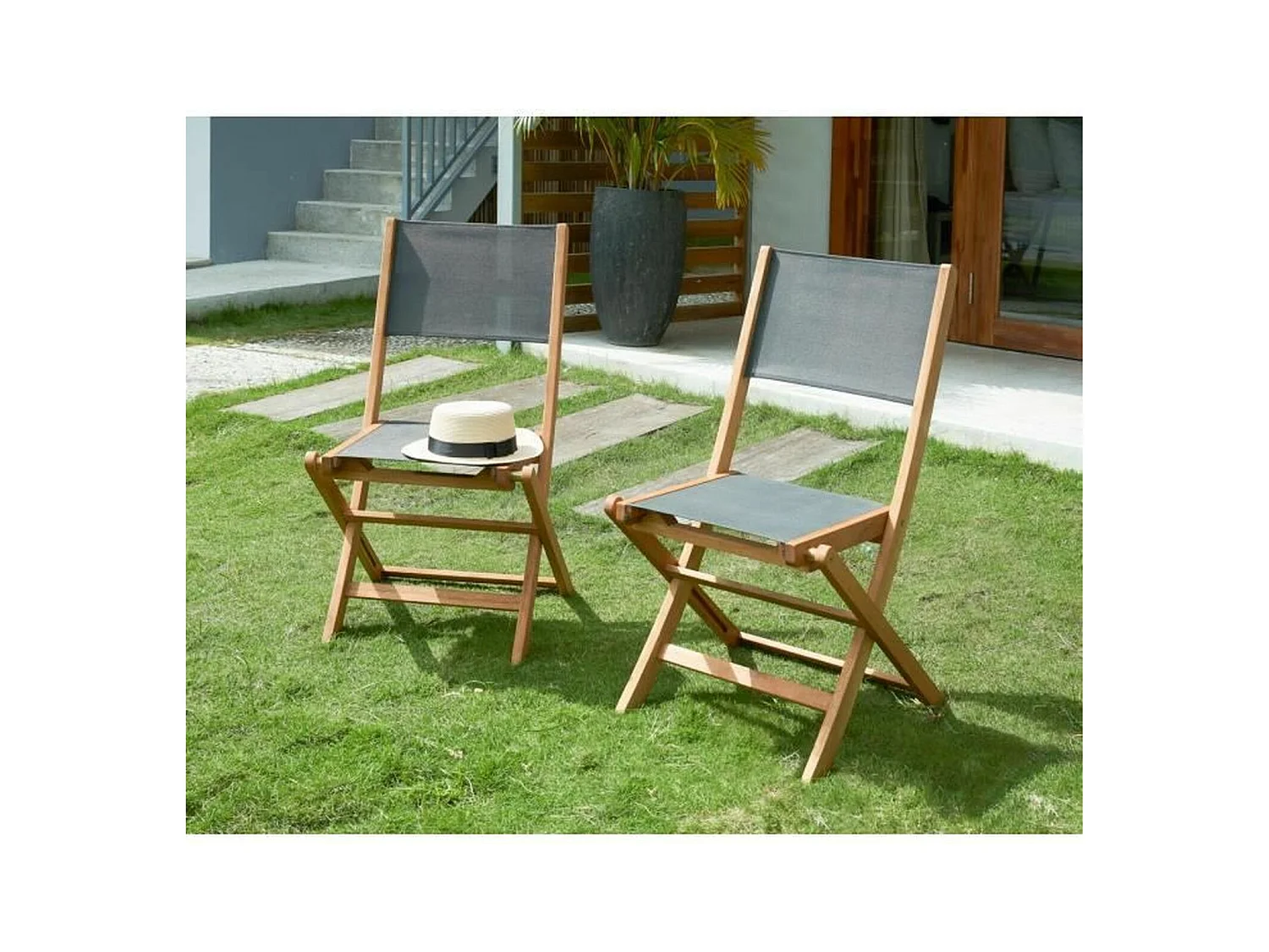 Lot De 4 Chaises De Jardin En Bois D'acacia Et Assise Textilène - Gris