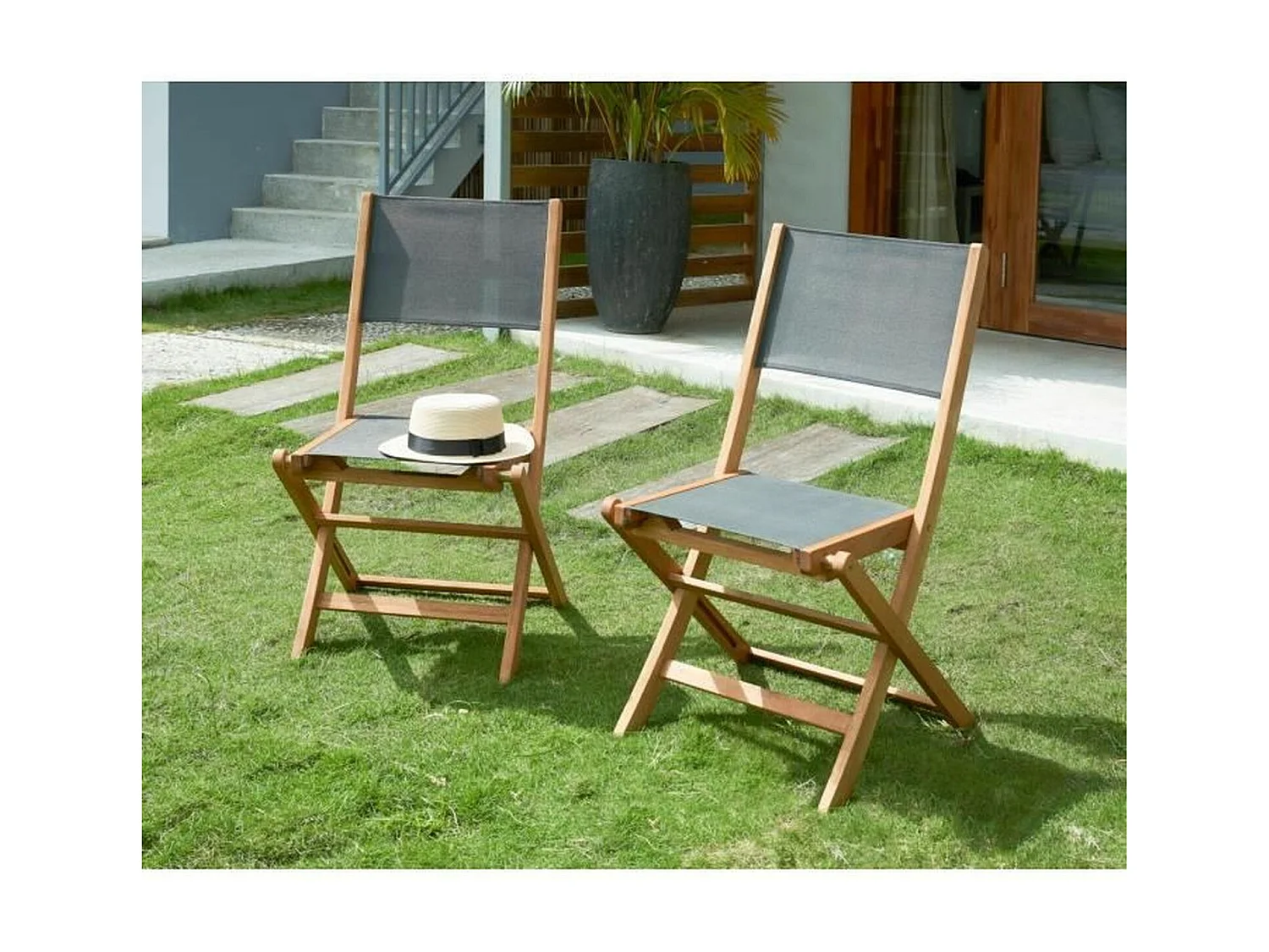 Lot De 4 Chaises De Jardin En Bois D'acacia Et Assise Textilène - Gris