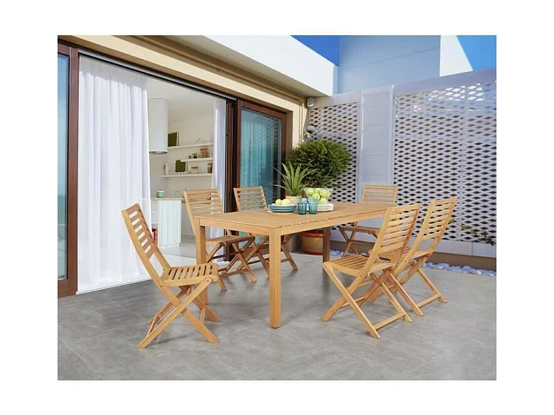 Conjunto de comedor de jardín para 6 personas - Mesa 160 x 90 cm + 6 sillas plegables - Madera de eucalipto