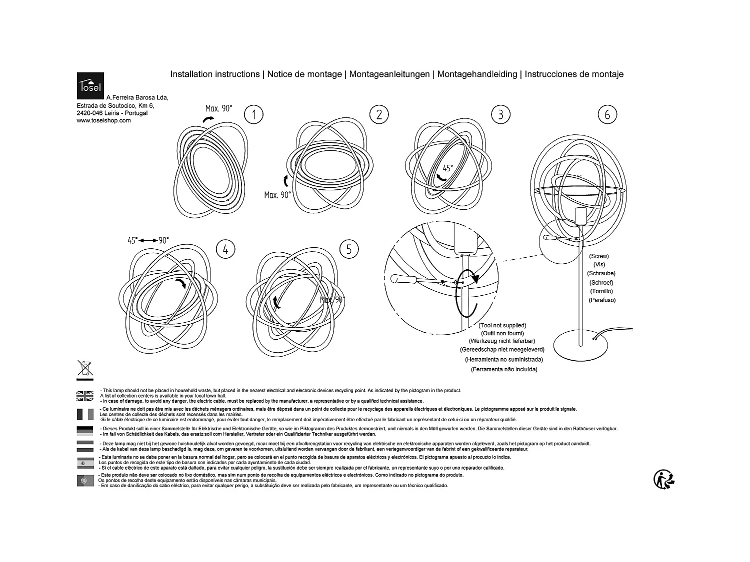 Lampadaire TOSEL ,métal,Doré ,H175xD40xP40cm