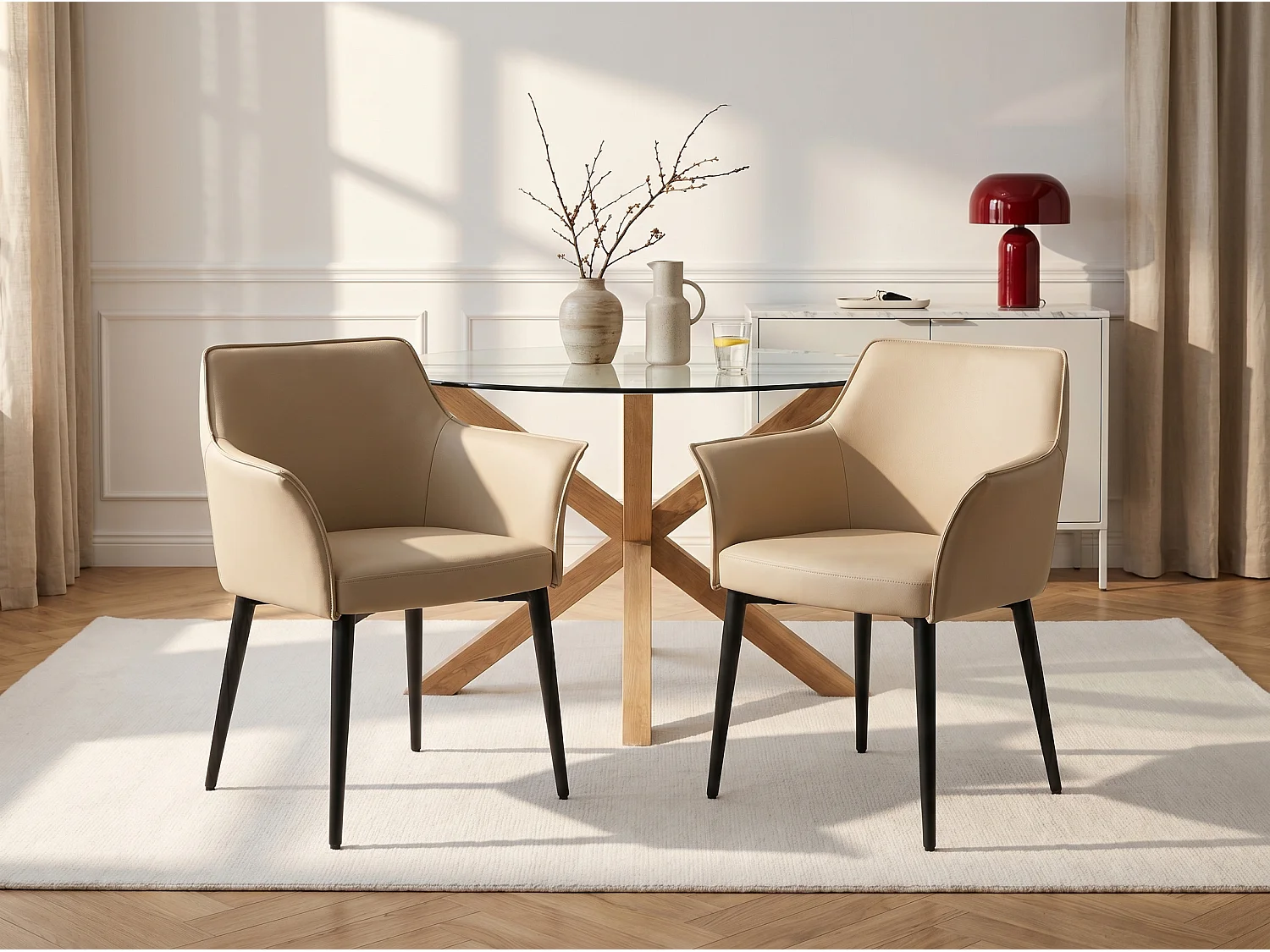 Set med 2 stolar med armstöd i konstläder och svart metall - Beige - MIALOV