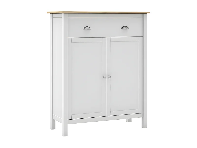 BASCO - Meuble d'Appoint 2 Portes 1 Tiroir en Pin Massif Naturel et Blanc