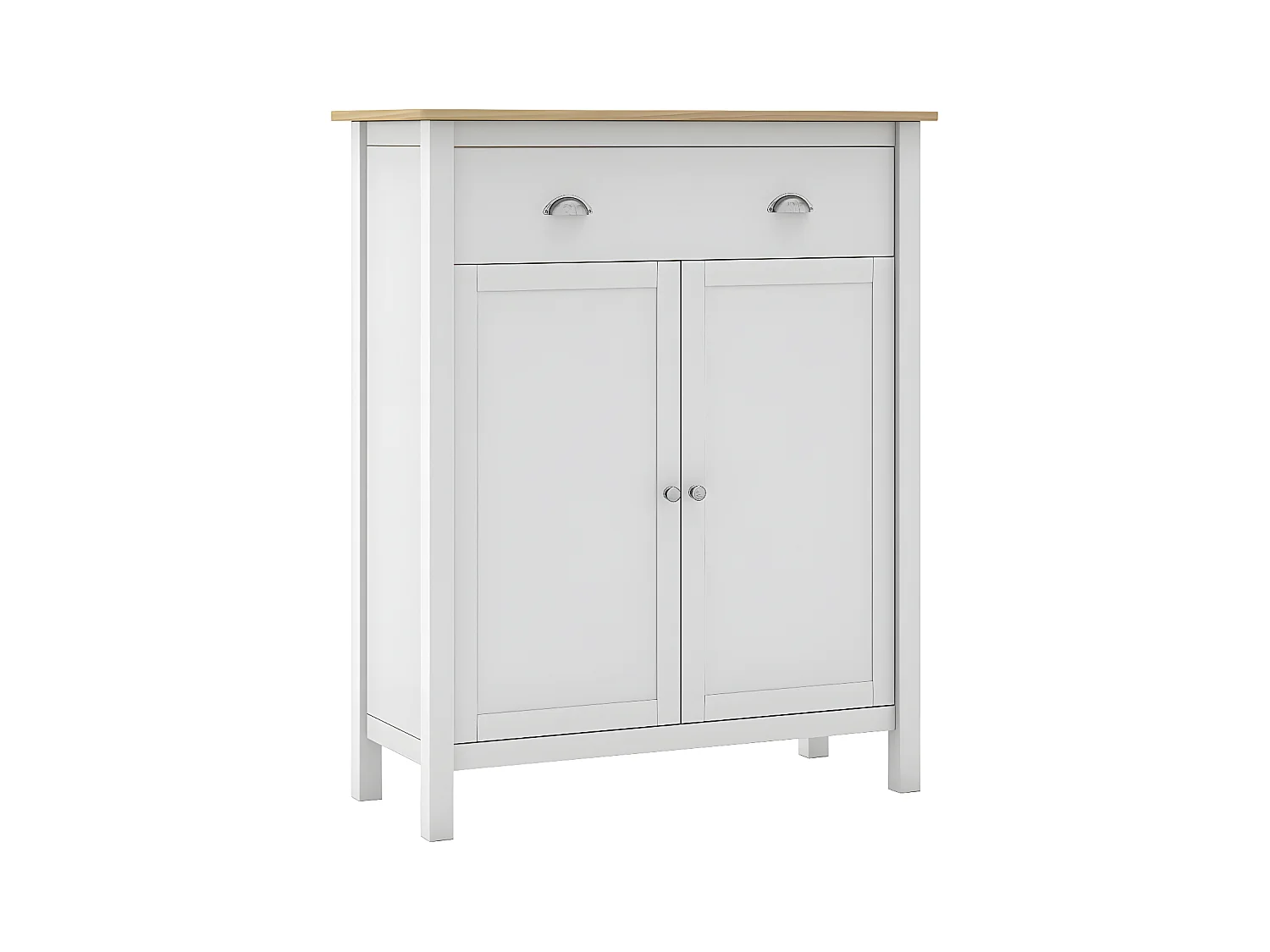 BASCO - Meuble d'Appoint 2 Portes 1 Tiroir en Pin Massif Naturel et Blanc