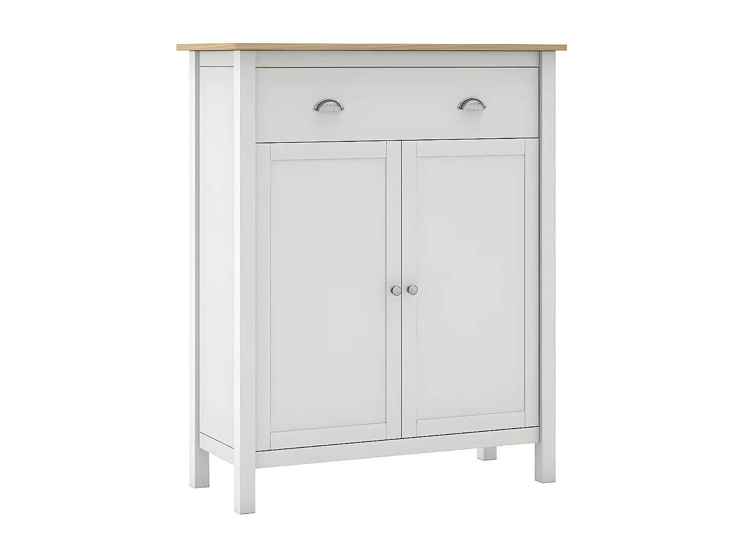 BASCO - Meuble d'Appoint 2 Portes 1 Tiroir en Pin Massif Naturel et Blanc
