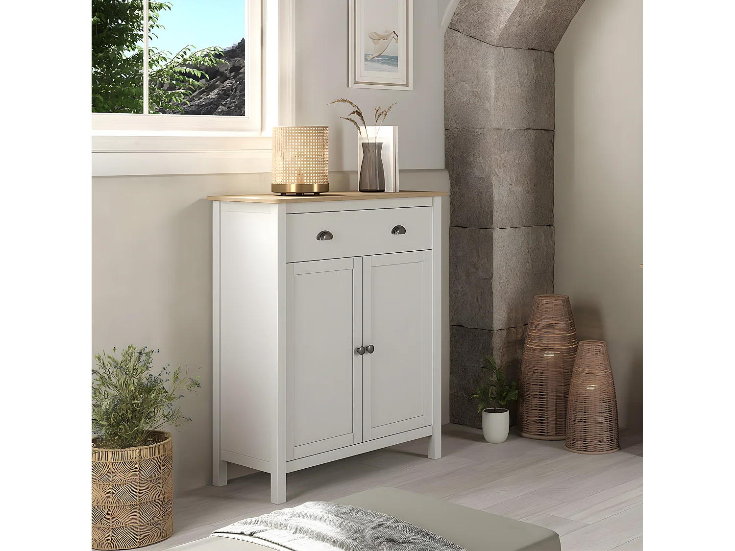 BASCO - Meuble d'Appoint 2 Portes 1 Tiroir en Pin Massif Naturel et Blanc