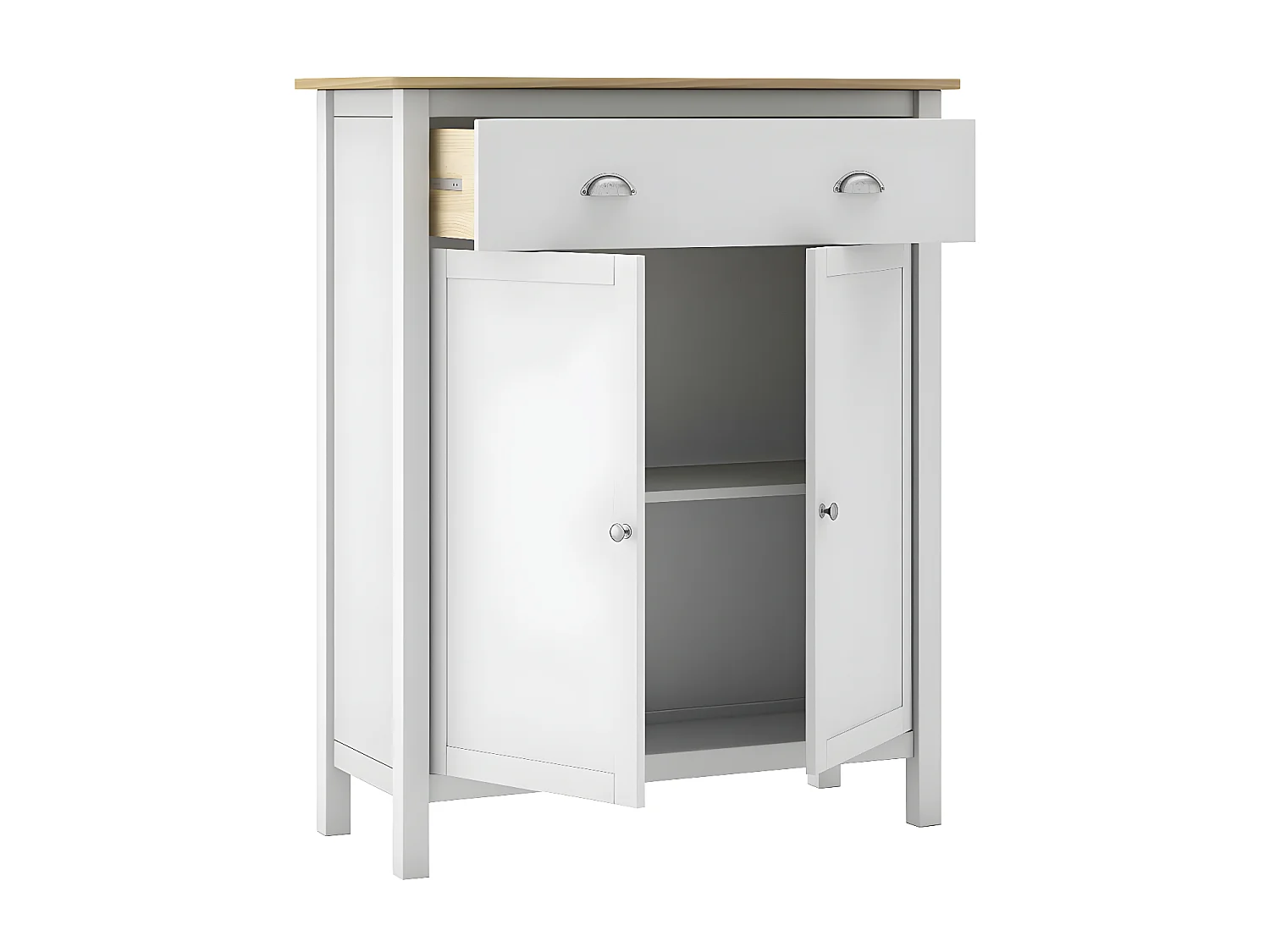 BASCO - Meuble d'Appoint 2 Portes 1 Tiroir en Pin Massif Naturel et Blanc