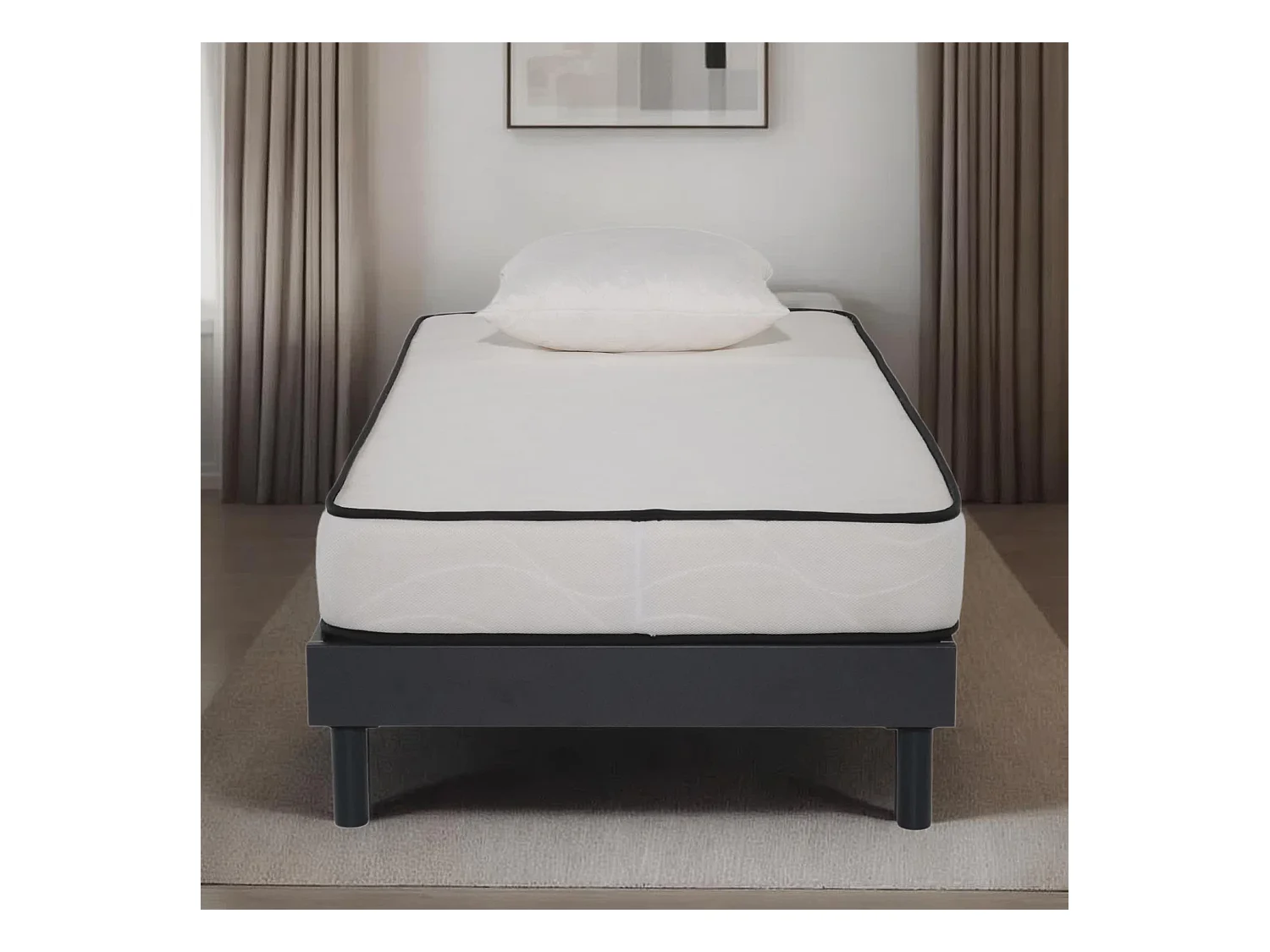 Ensemble Matelas mousse Confort 90x190cm 1 Oreiller  flocons mémoire 50x70 - Sommier kit Gris