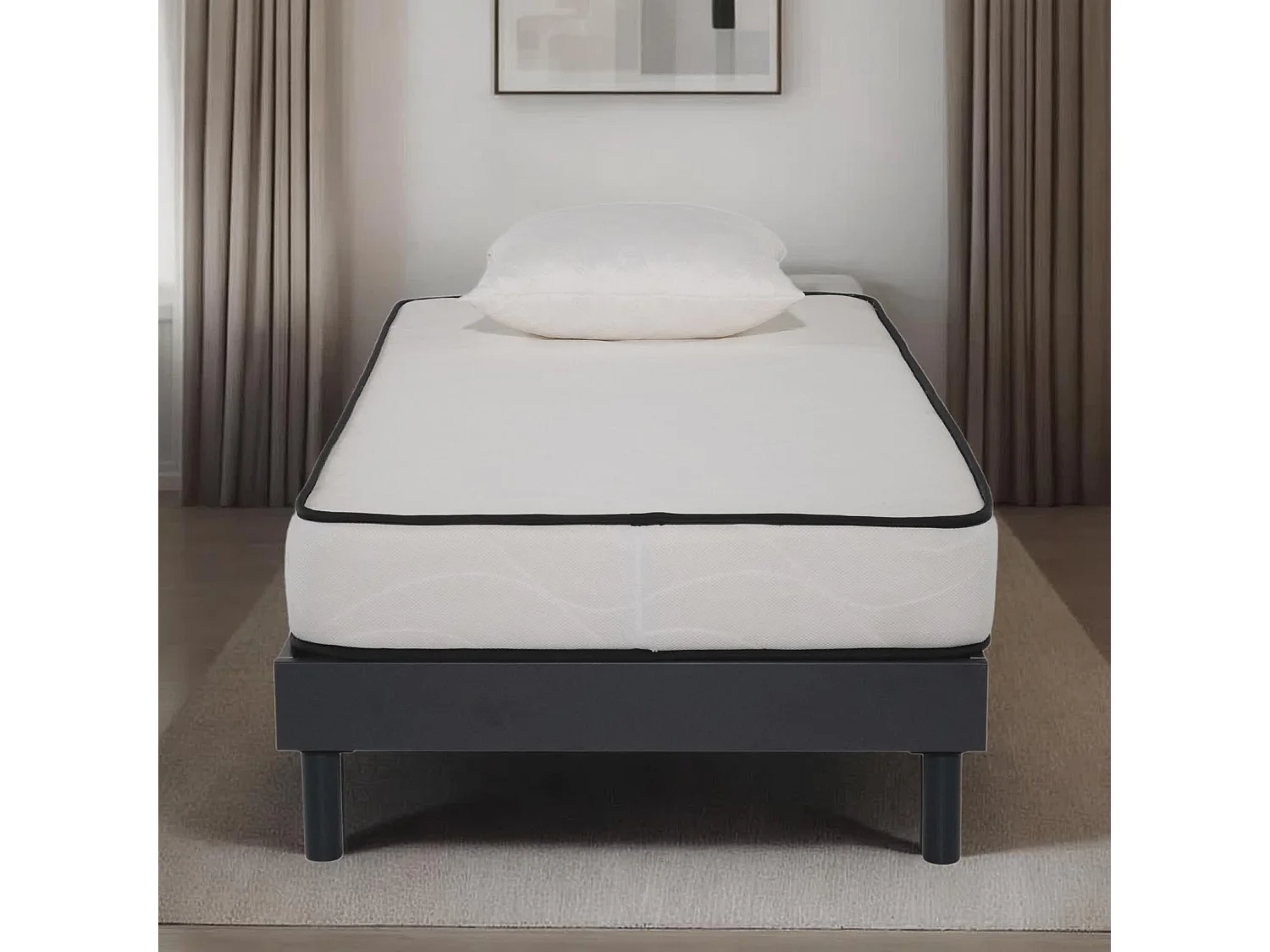 Ensemble Matelas mousse Confort 90x190cm 1 Oreiller  flocons mémoire 50x70 - Sommier kit Gris