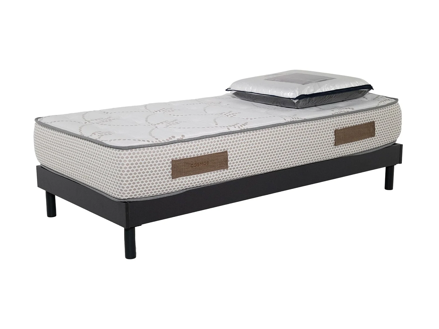 Ensemble Cosmos White mousse accueil mémoire - 90x190 et 1 Oreiller visco 60x60 - Sommier kit gris