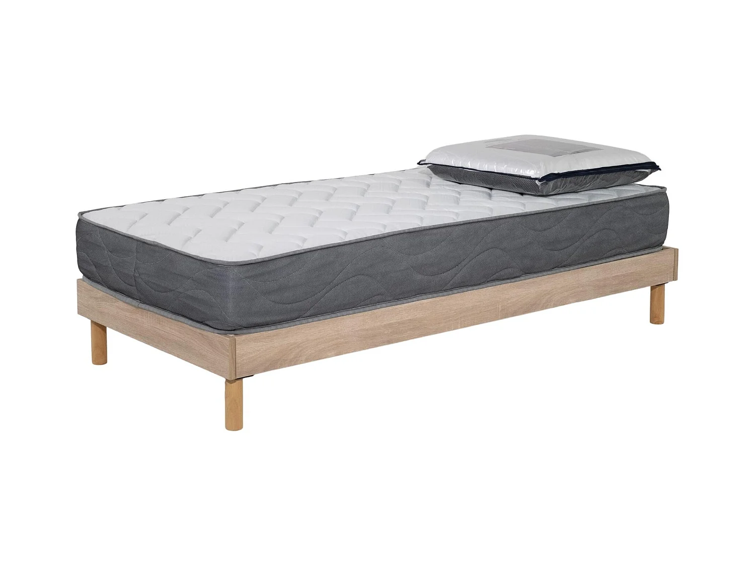 Ensemble Matelas Luxe mousse - 90x190cm avec 1 Oreiller visco 60x60 et Sommier kit couleur chêne