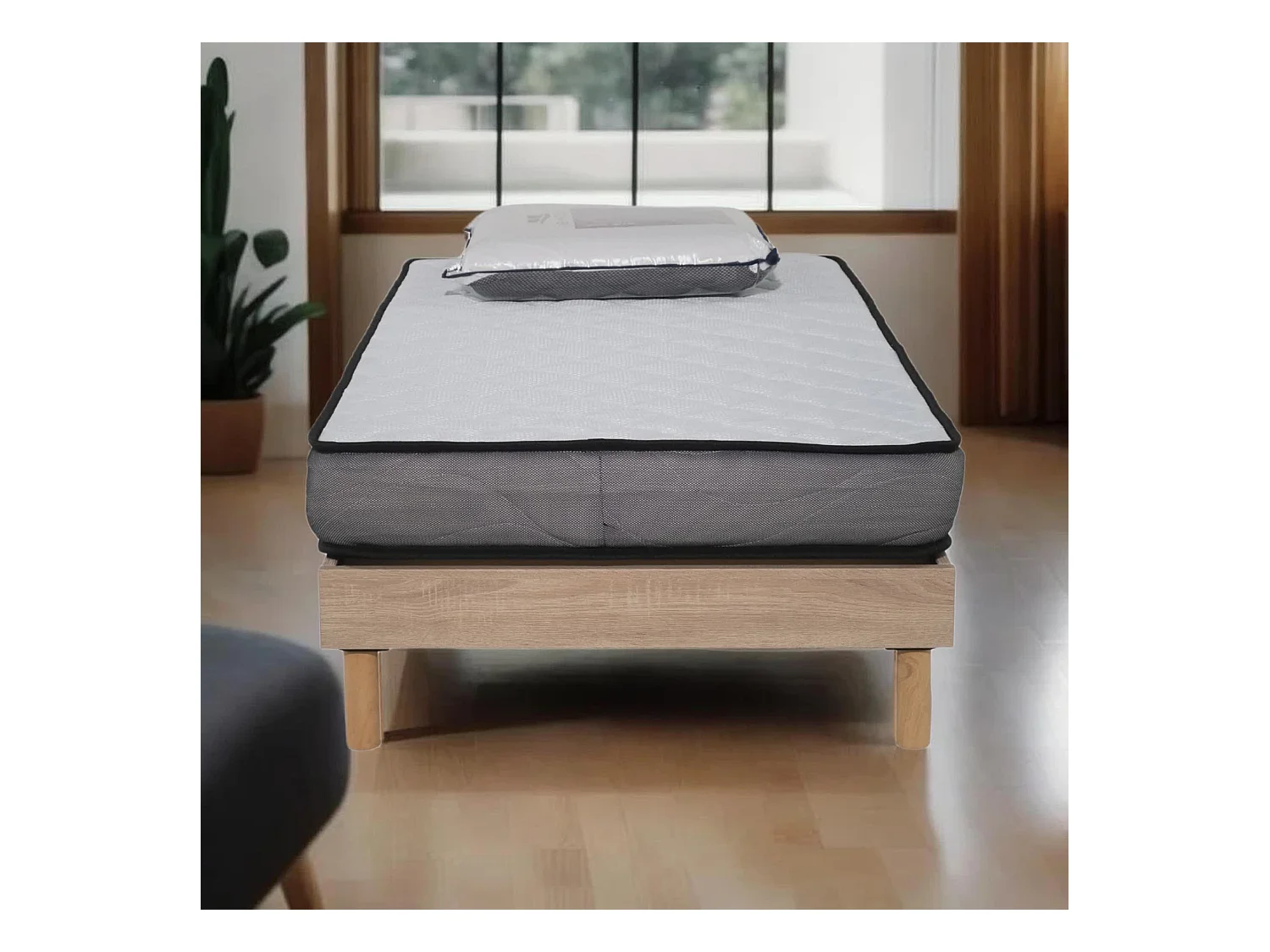 Ensemble Matelas Luxe mousse - 90x190cm avec 1 Oreiller visco 60x60 et Sommier kit couleur chêne