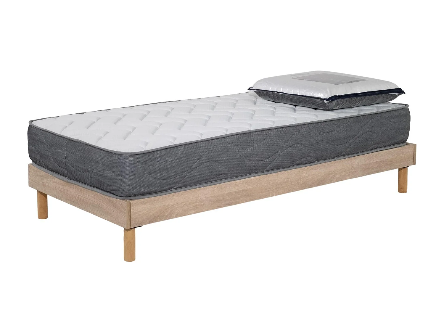 Ensemble Matelas Luxe mousse - 90x190cm avec 1 Oreiller visco 60x60 et Sommier kit couleur chêne