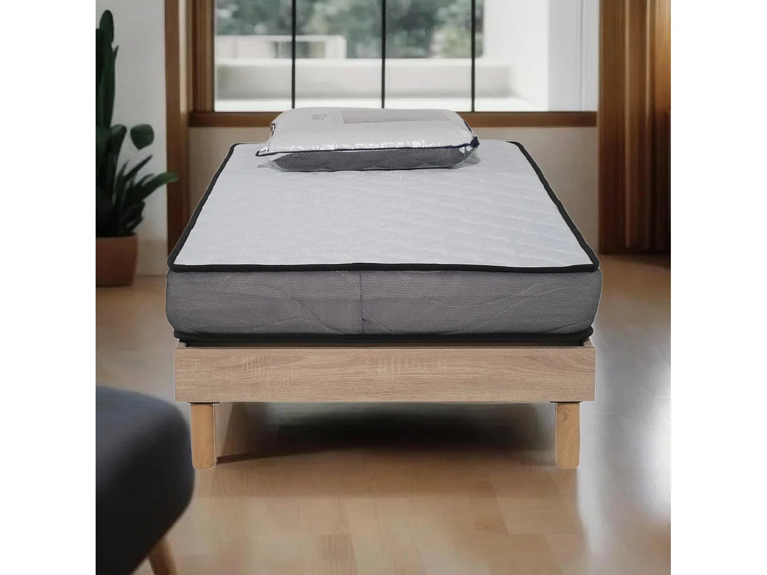 Ensemble Matelas Luxe mousse - 90x190cm avec 1 Oreiller visco 60x60 et Sommier kit couleur chêne