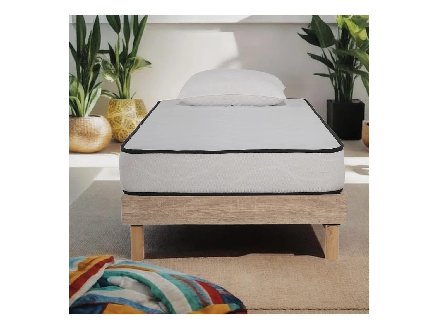 Ensemble Matelas mousse Confort 90x190cm 1 Oreiller flocons mémoire 50x70 - Sommier kit chêne