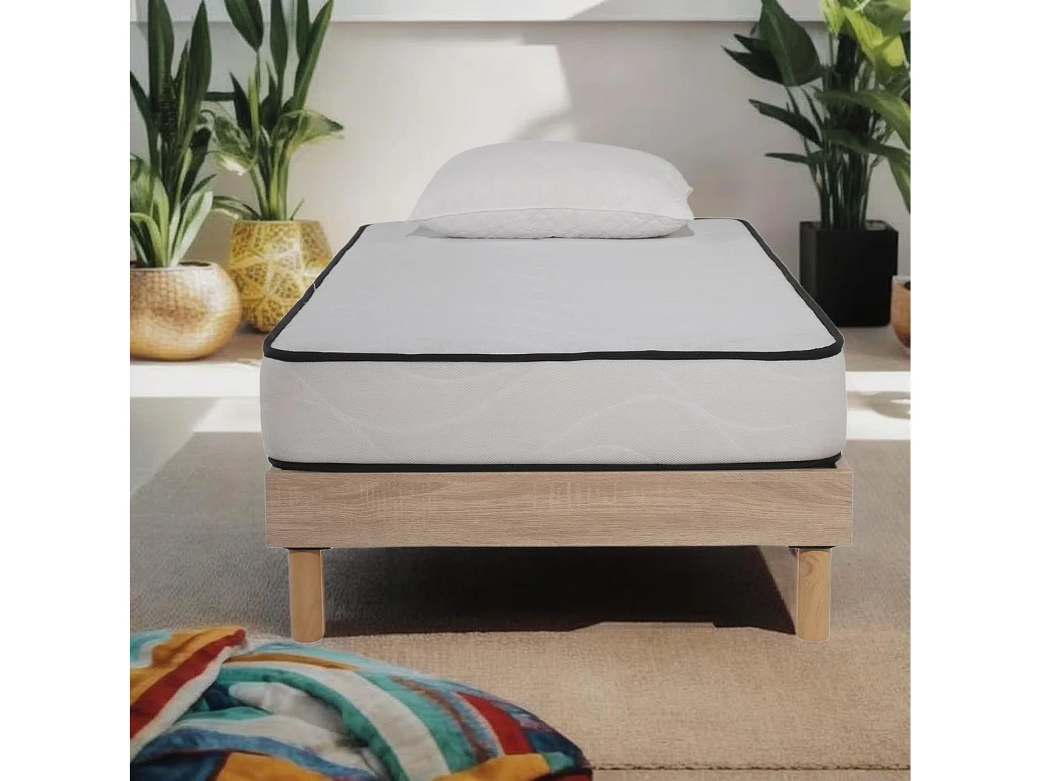 Ensemble Matelas mousse Confort 90x190cm 1 Oreiller flocons mémoire 50x70 - Sommier kit chêne