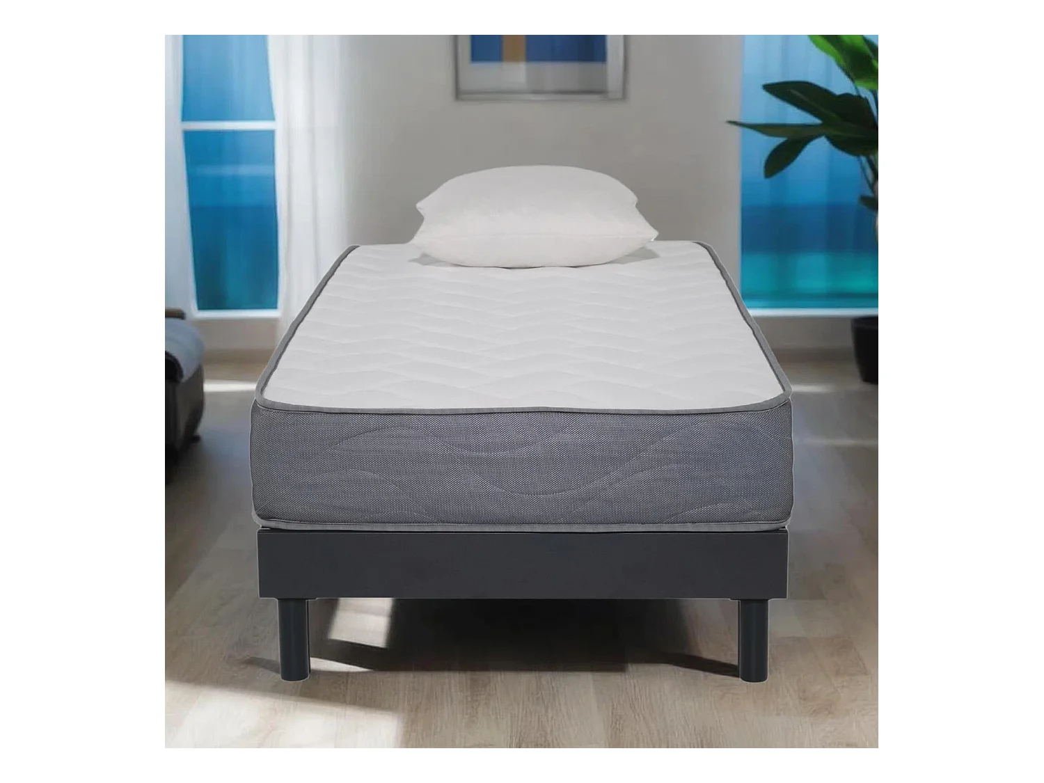 Ensemble Matelas mousse Luxe - 90x190cm et 1 Oreiller 60x60 - Sommier kit gris