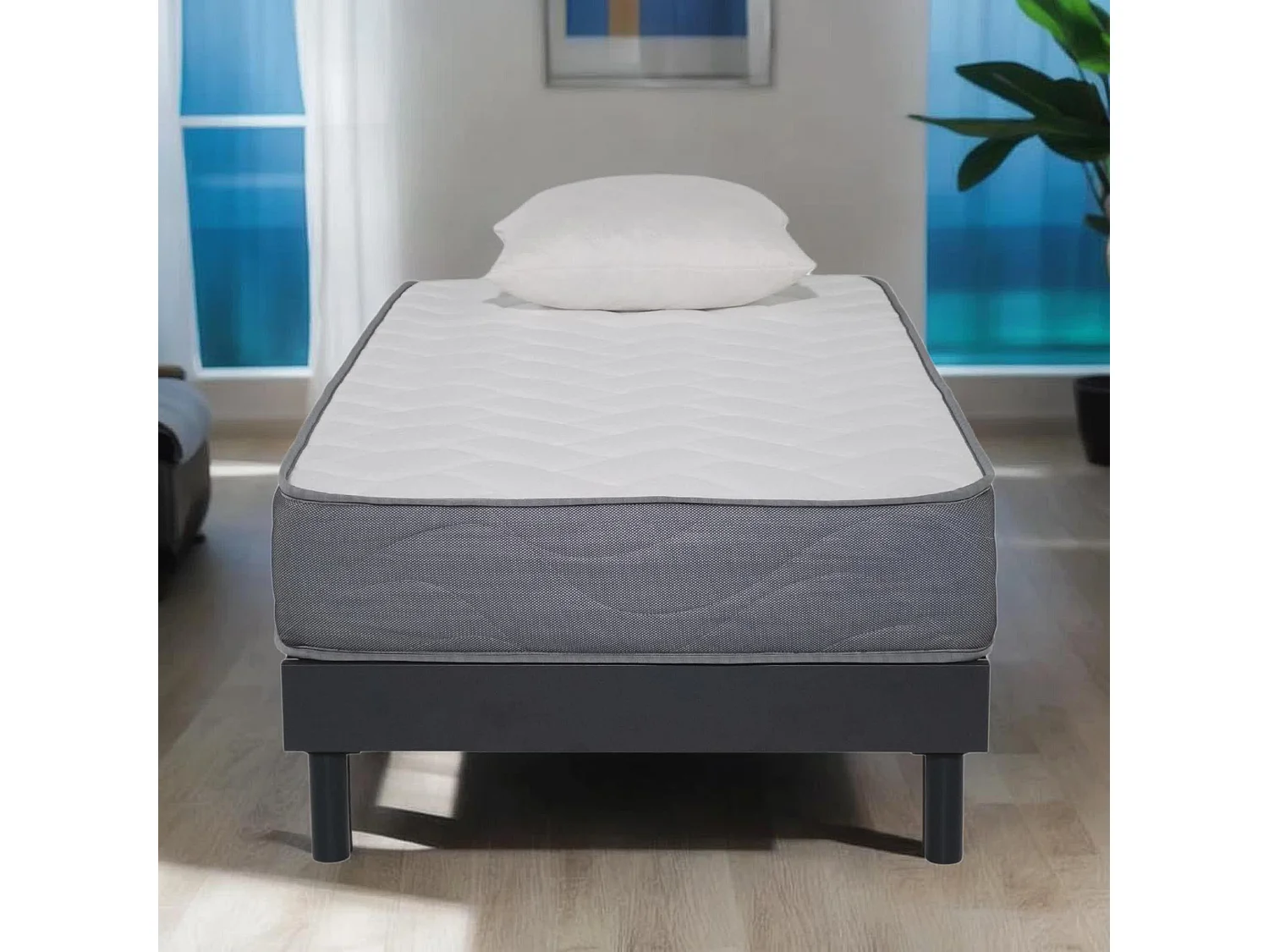 Ensemble Matelas mousse Luxe - 90x190cm et 1 Oreiller 60x60 - Sommier kit gris