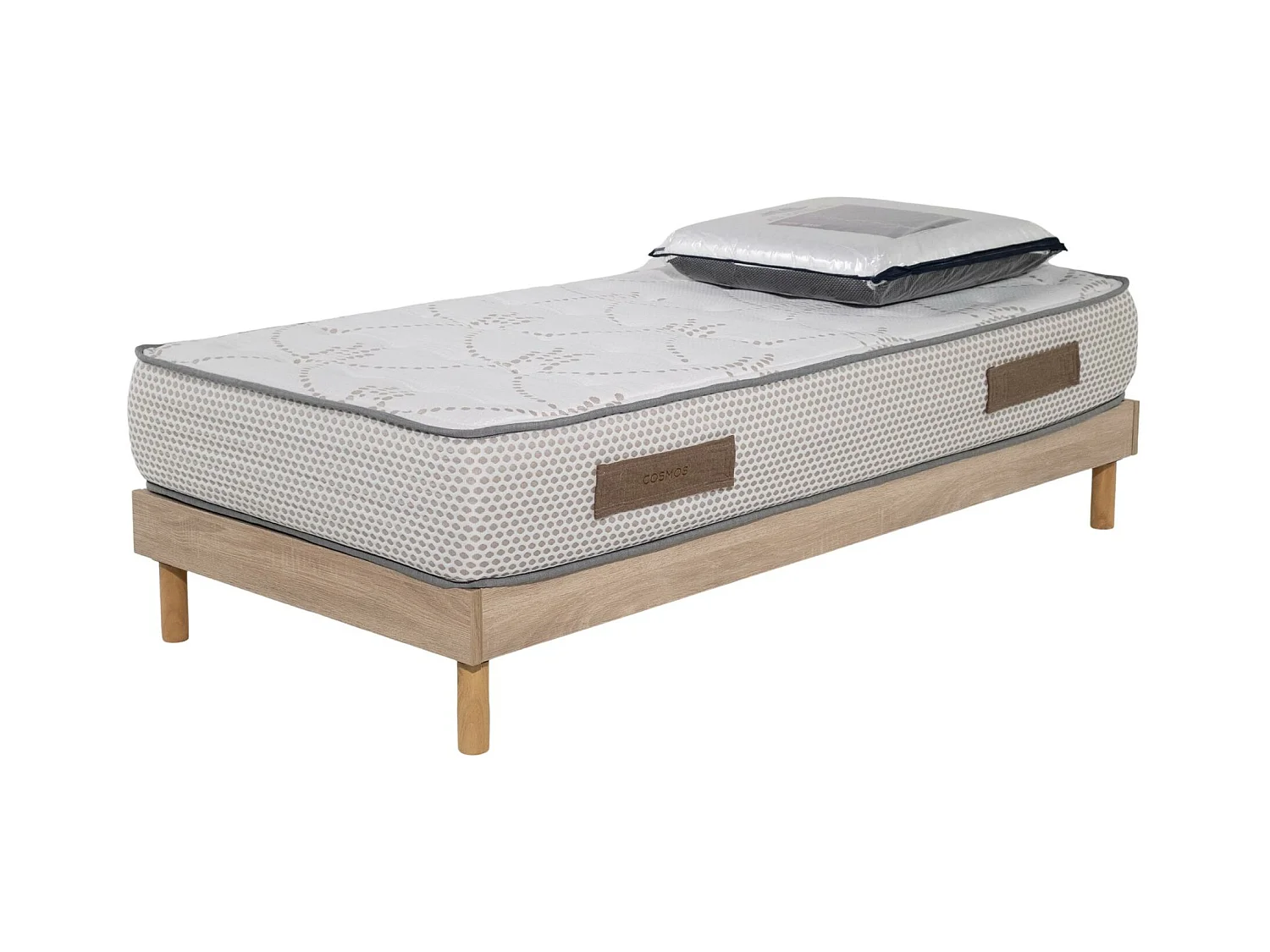 Ensemble Cosmos White mousse accueil mémoire - 90x190 et 1 Oreiller visco - Sommier kit chêne