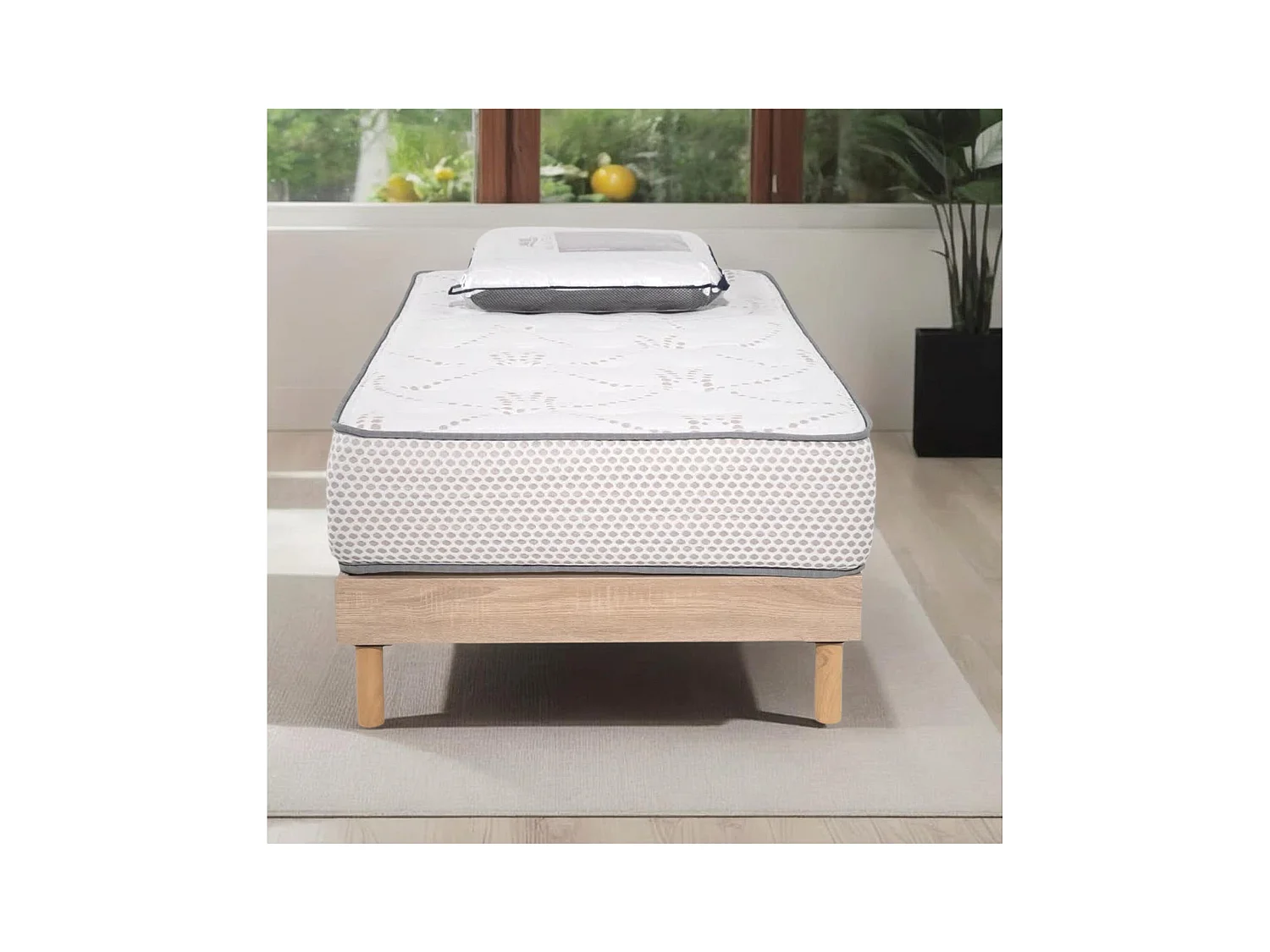 Ensemble Cosmos White mousse accueil mémoire - 90x190 et 1 Oreiller visco - Sommier kit chêne