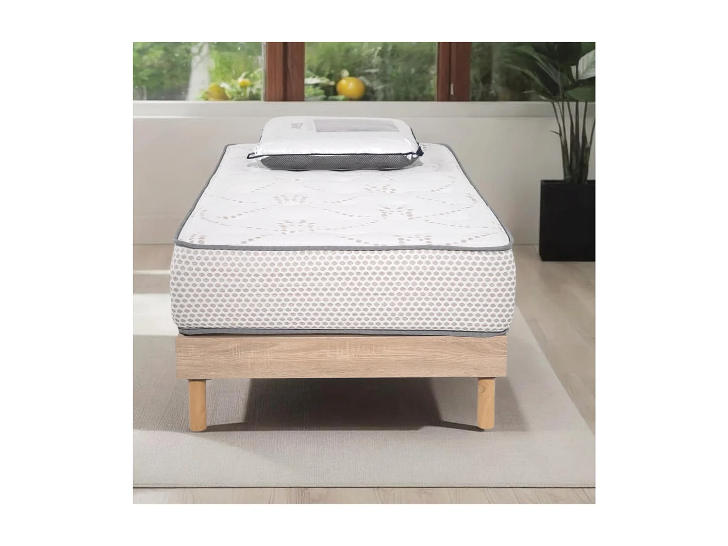 Ensemble Cosmos White mousse accueil mémoire - 90x190 et 1 Oreiller visco - Sommier kit chêne